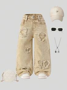 Pantalones informales para niña de lavado de tono claro con cintura completamente elástica, parche con bordado de corazón y piernas anchas con bolsillos planos, el mejor conjunto de moda diaria