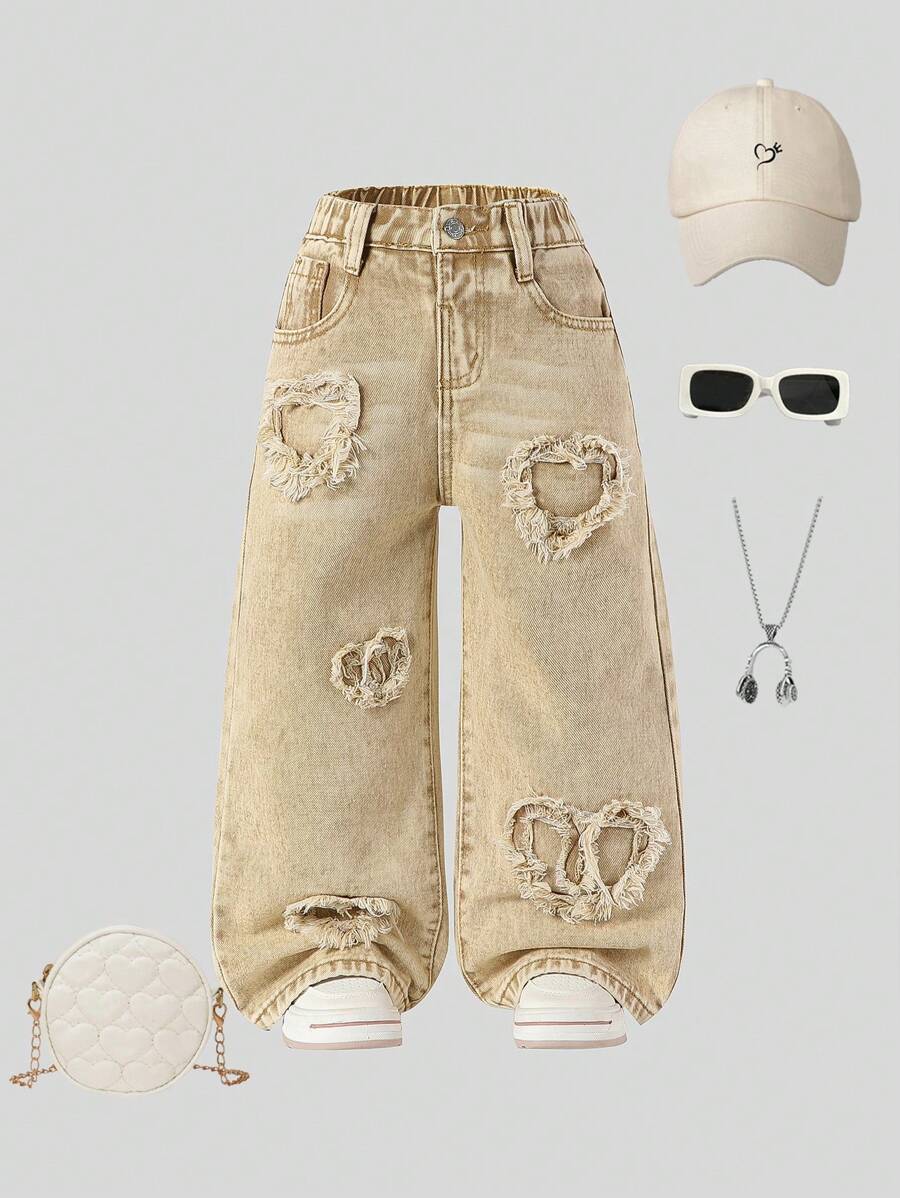 Pantalones informales para niña de lavado de tono claro con cintura completamente elástica, parche con bordado de corazón y piernas anchas con bolsillos planos, el mejor conjunto de moda diaria