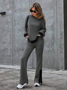 SHEIN Essnce Plus-size damespak, herfst/winterpak, grijs casual pak, damesset dameskleding, dameskledingsets winterset