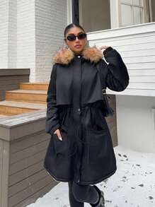 Chiquease Women's Winter Long Sleeve Drawstring Waist Fluffy Collar Hooded Parka, Windproof & Warm Coat