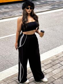 Flirla Pantalones deportivos casuales de talla grande para mujer con cordón y contraste de color