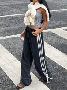 SHEIN EZwear 女式新款星空图案拼色腰带裤 - 黑色 - 查看 6