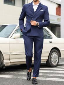 Manfinity Bizformal Men's Business Commuter High-Quality Cost-Effective Navy Blue Suit Set With Multiple Pocket Details And Waist Design. Men Two Pieces Outfits , Fall And Winter Men Clothes , 2 Pieces Suit Set For Men, Solid Color Double-Breasted Jacket + Pants