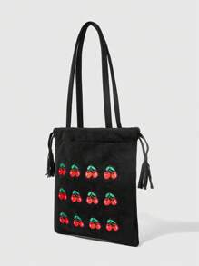 SHEIN MOD Fashion Matte Cherry Drawstring Shoulder Bag For Women - Black - View 2