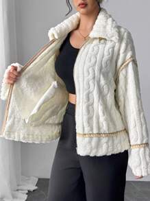 SHEIN Privé Women's Casual Elegant Warm Beige Fluffy Motorcycle Teddy Jacket, Regular Fit, Autumn/Winter