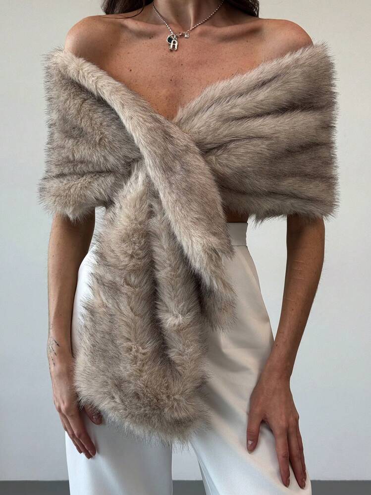 Aloruh Women's Elegant Vintage Off Shoulder Faux Fur Shawl Jacket In Fall/Winter Fashion Clothing Old Money Workwear - White - View 7