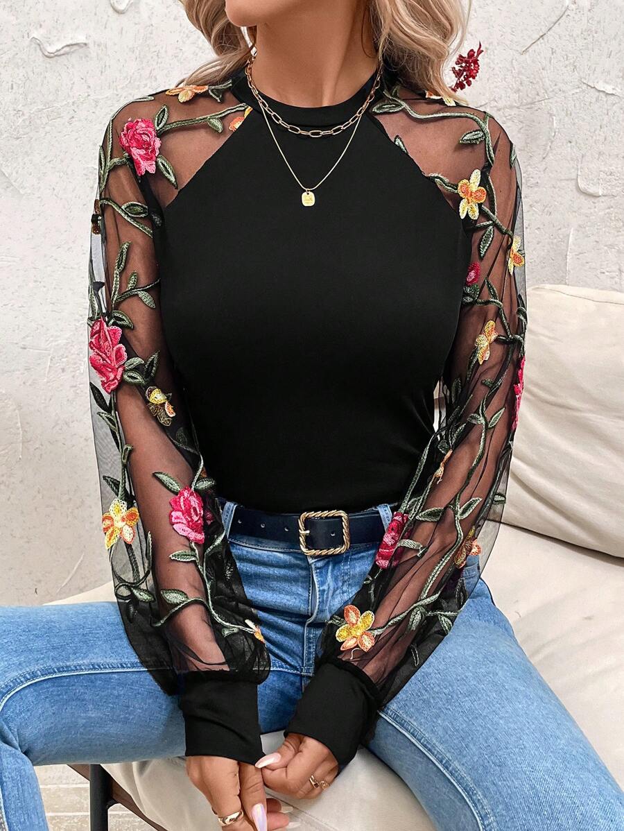 SHEIN Clasi 花卉刺绣透明袖衬衫，美丽浪漫，适合女性，情人节
