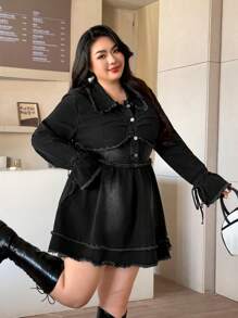 SHEIN EZwear 大码纯色休闲牛仔连衣裙，简约时尚日常穿着 - 黑色 - 查看 5