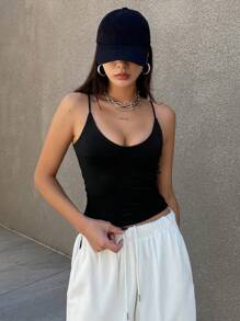 DAZY Women's Solid Color Spaghetti Strap Simple, Casual Everyday Wear Tank Tops - Black - View 6