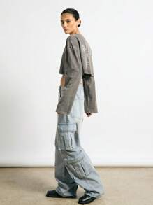 AiiRZ Oversized Crop Long Sleeve T-Shirt With Foil Graphic Back Print - Grey - View 5