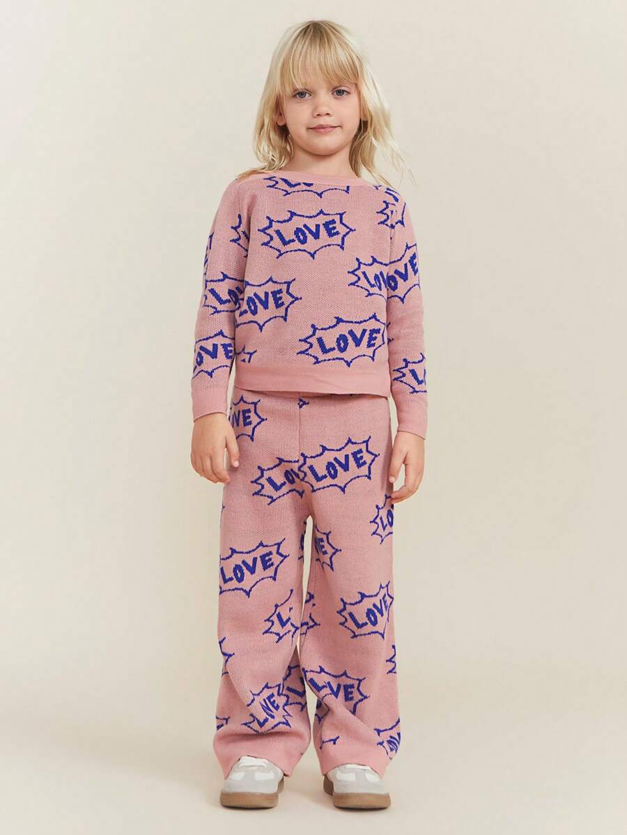 SHEIN 年轻女孩圆领长袖图案细节休闲毛衣 - 粉色 - 查看 1