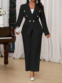 SHEIN Lady 春夏秋冬优雅白色针织翻领纽扣前长袖大码仿皮草外套职业装圣诞女装教堂女装女装套装情人节新年女装 - 黑色 - 查看 6