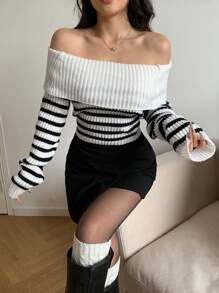 SHEIN MOD Damen Bluse mit Carmen-Ausschnitt, Langarm, gestreift, für den täglichen Gebrauch - Weiss - Übersicht 1