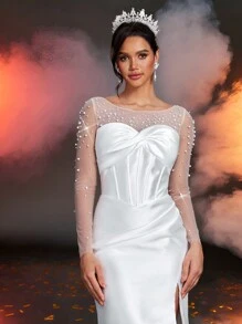 Glamrae Elegantes, luxuriöses beiges Satin-Kleid mit Kontrast-Mesh-Rüschen, Kunstperle und durchsichtigem Langarm mit Raffung, Schlitzdetail und Fischschwanz mit Schleppe, sexy rückenfreies Design, geeignet für Hochzeit, Feiern, Singles-Party, Urlaub, Ball, Brautkleid, weiß - Beige - Übersicht 1