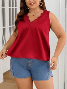 SHEIN Privé 优雅 V 领蕾丝拼布闪亮夏季无袖大码衬衫，适合办公室、日常穿着、旅行和度假 - 酒紅色 - 查看 7