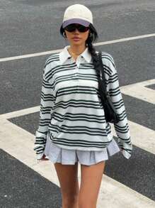 Muchica Women's Casual Everyday Green Stripe Print Polo Neck Long Sleeve Knit T-Shirt, Spring/Autumn