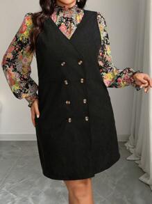SHEIN Clasi Vestido de manga larga con cuello alto con contraste tejido-tejido y floral para mujer de talla grande, adecuado para Navidad, Halloween, Año Nuevo, Año Nuevo Chino, otoño/invierno
