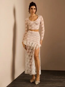 Glamine 2 piezas Conjunto de Mujer para Otoño/Invierno: Blusa de manga larga con ajuste ceñido y aplicación de encaje + Falda larga con ajuste ceñido - Blanco - Ver 5