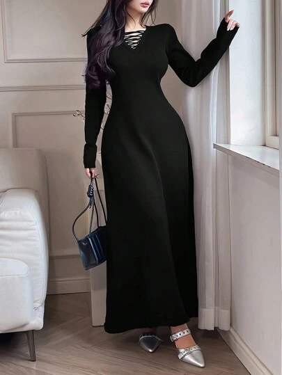 Modelyn 女士纯色镂空长袖休闲超长毛衣连衣裙