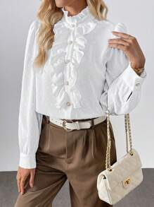 Chiquease 优雅时尚日常百搭立领荷叶边泡泡袖珍珠纽扣波尔卡圆点纹理白色女式衬衫 - 白色 - 查看 1