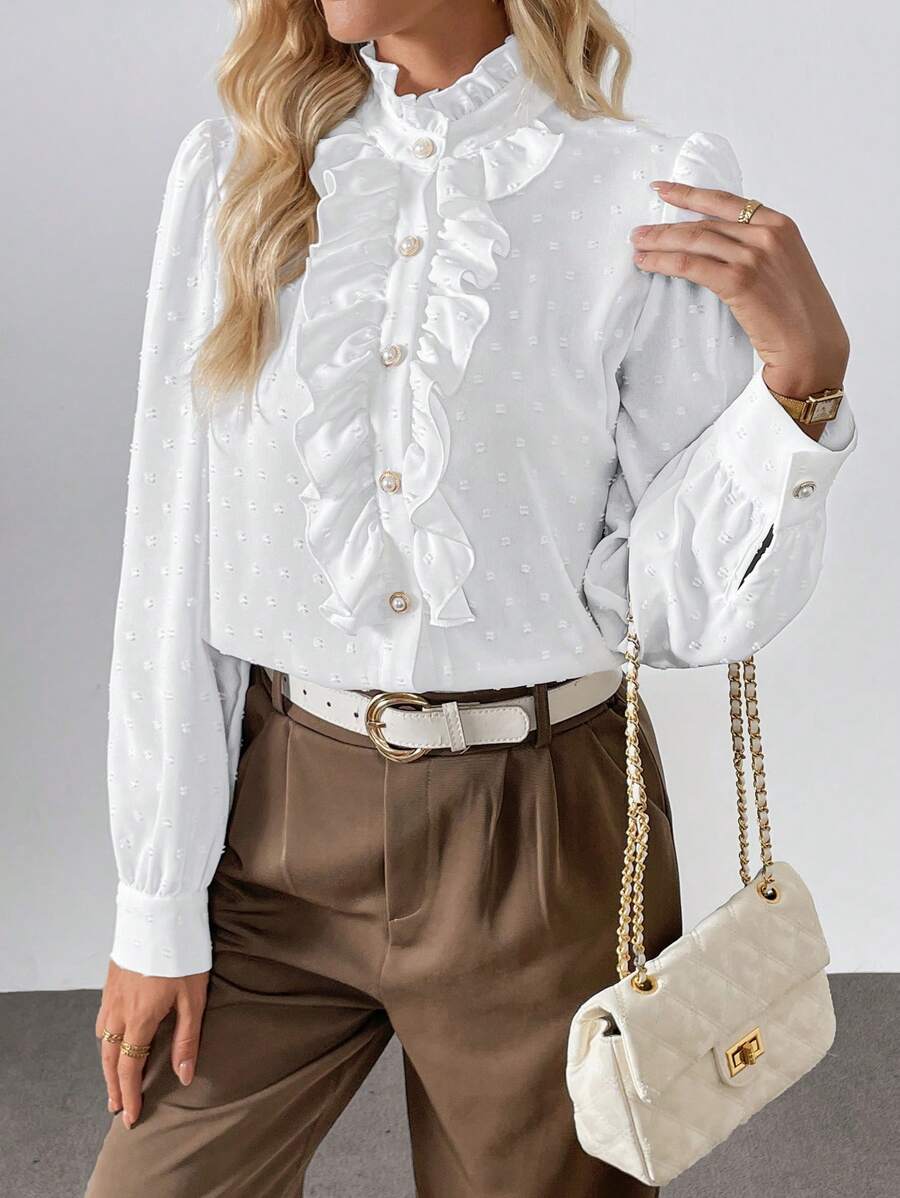 Chiquease 优雅时尚日常百搭立领荷叶边泡泡袖珍珠纽扣波尔卡圆点纹理白色女式衬衫 - 白色 - 查看 1