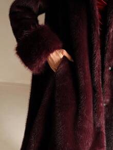 Anewsta 秋冬新款人造皮草大衣，优雅女士长款皮草夹克，简约时尚外套 - 酒紅色 - 查看 3