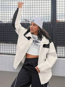 SHEIN Sports New Color Block Patchwork Hooded Sports Jacket - Black and White - View 7