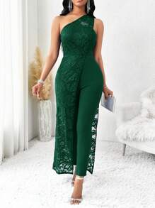SHEIN Lady One Shoulder Royal Blue Contrast Lace Women's Jumpsuit Spring And Summer Casual Elegant Work - Dark Green - View 7