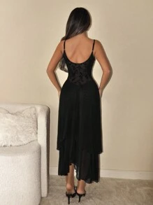 SHEIN ICON 细肩带垂领复古花卉植绒双层透视不对称下摆连衣裙 - 黑色 - 查看 2