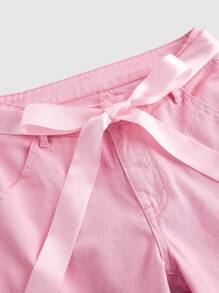 SHEIN MOD 女士纯色牛仔裤搭配领带，简约休闲日常风格 - 粉色 - 查看 3