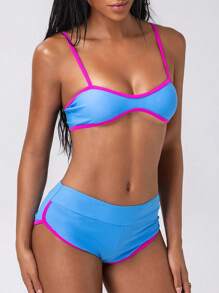 Swim EVENT 夏秋新款，时尚拼色两件套比基尼，边缘拼色女士泳衣套装，运动风欧美时尚辣妹设计，适合音乐节和电子音乐节，性感时尚设计，适合时尚达人，蓝色，粉色，少女 - 藍色 - 查看 1