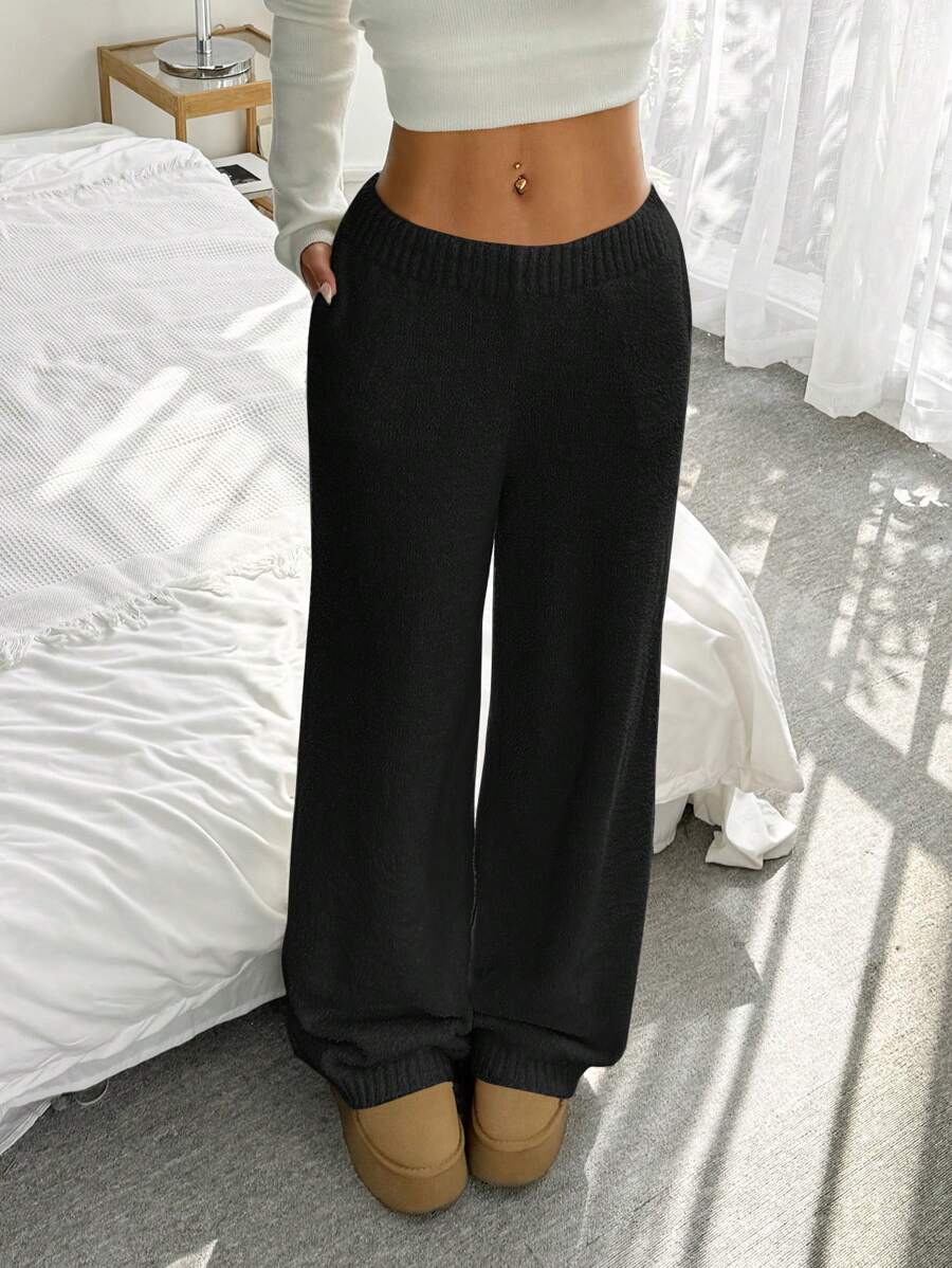 SHEIN EZwear 女款黑色秋季百搭休閒居家針織長褲,純色舒適寬鬆舒適口袋褲,溫暖秋冬長褲 - 黑色 - 查看 1