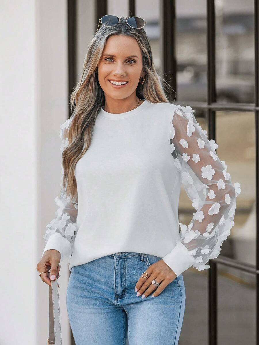 SHEIN LUNE Women's White Floral Lace Splice Round Neck Long Sleeve Top - White - View 1