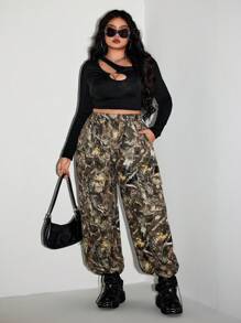 SHEIN ICON Plus Size Elastic Waist Leaf Print Cargo Pants, Camo Pants, Spring/Summer Utility Pants, Y2K Style - Multicolor - View 1