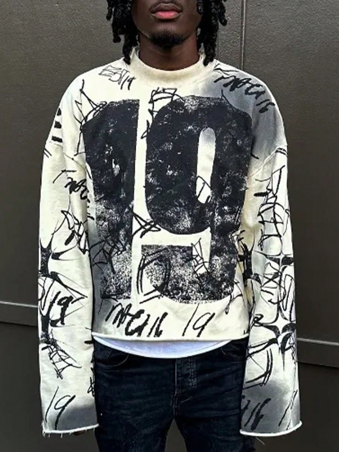 Manfinity Dauomo Y2K Men's Warm Pullover Numeric Printed Long Sleeve Sweatshirt