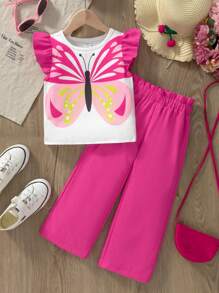 2pcs Young Girl' Casual Butterfly Print Flutter Sleeve T-Shirt And Leggings Set Summer Holiday - Multicolor - View 3