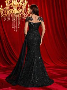 Glamrae Vestido Fishtail de Manga Longa Transparente com Flores de Pérolas Falsas e Tule, Elegante e Luxuoso, Adequado para Casamento, Festa, Banquete, Feriado (Design Muito Bordado), Vestido de Convidada de Casamento, Vestido Formal, Vestido de Festa, Vestido de Gala - Preto - Visão 2