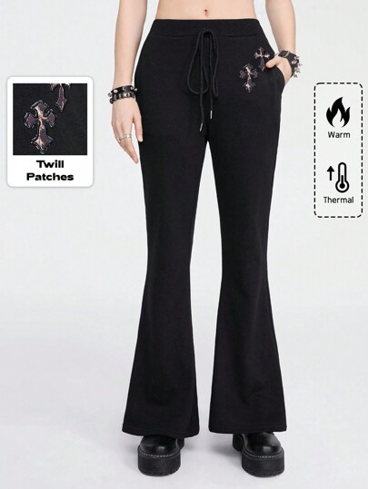 Grunge Punk Y2K Leopard Print Cross Embroidery Women's Flare Pants