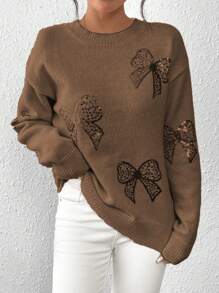 Chiquease Crew Neck Pullover Sweater With Rhinestone Butterfly Embroidery, Pink, For Autumn/Winter