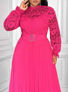 Slaydiva 大码女式优雅洋红色纯色蕾丝镂空褶皱长袖派对连衣裙 - 玫紅色 - 查看 8