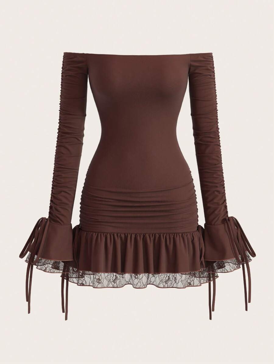 Opulessa Fall And Winter Christmas Wedding Cocktail Party Formal Gown Solid Color Knitted Lace Off-Shoulder Long Sleeve Bodycon Mini Dress For Women - Purple - View 1