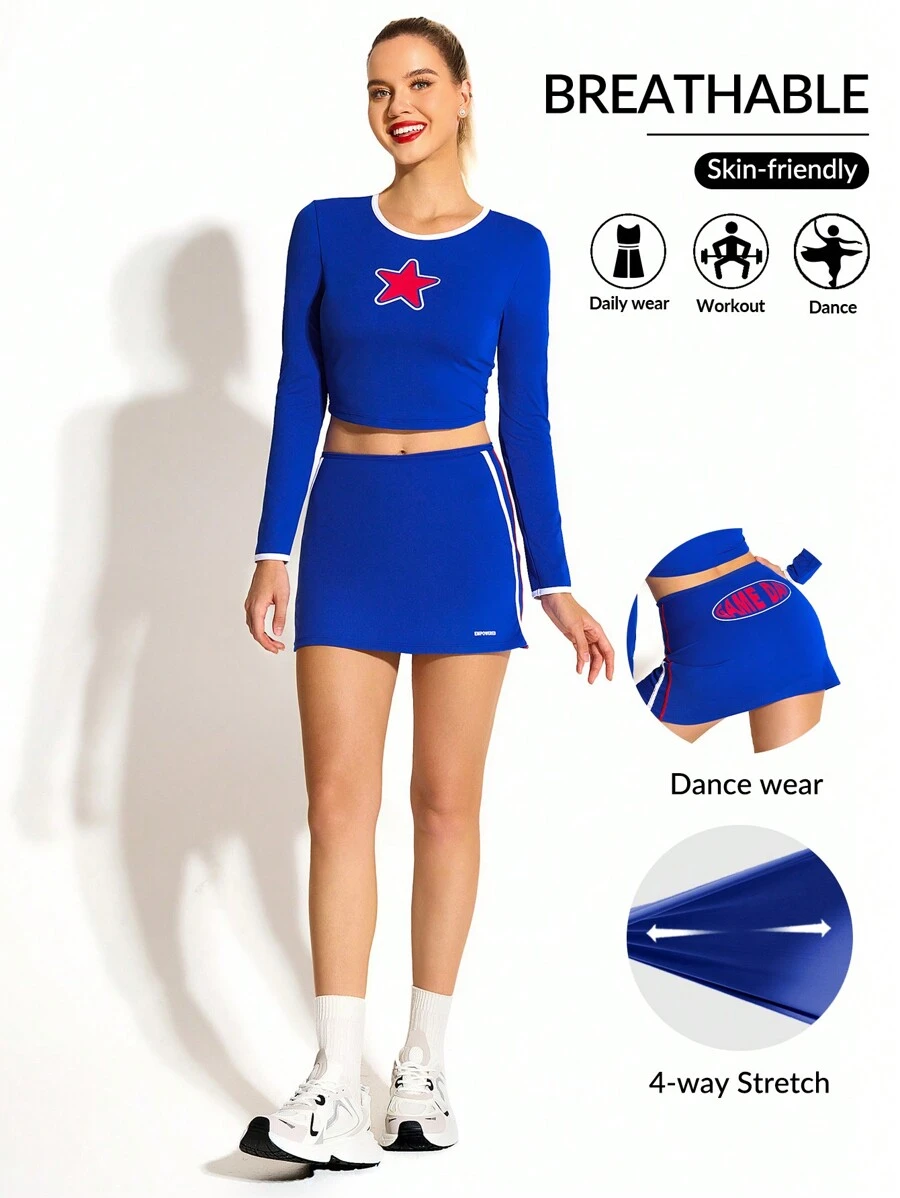 SHEIN Cheerettes 女士圆领长袖星星印花简约上衣和裙子运动套装,适合学校和啦啦队 - 藍色 - 查看 1
