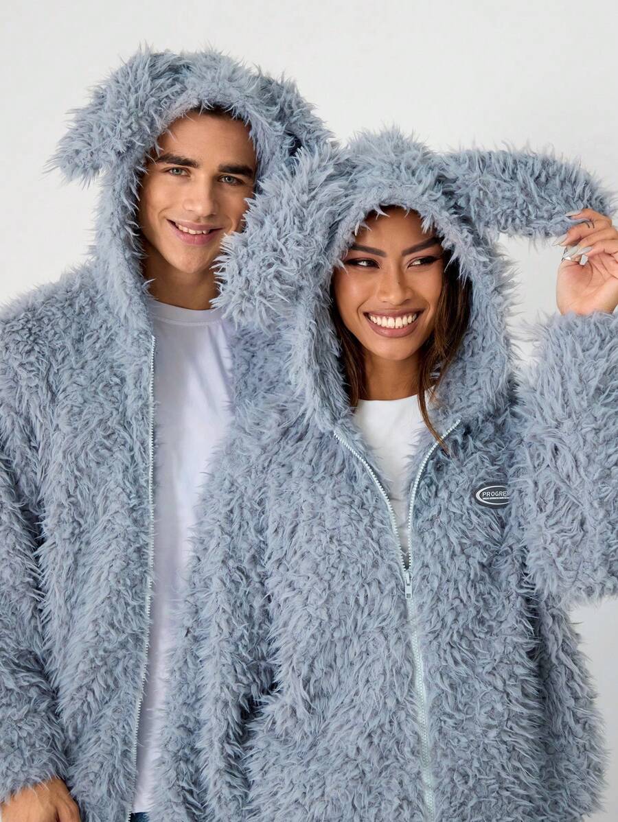 Manfinity VCAY Lion Pattern Loose Fit Hooded Long Sleeve Jacket Outerwear, Baby Blue Going Out Zipper Jacket, Suitable For Autumn/Winter Season, Friends, Husband, Boyfriend Gifts - Baby Blue - View 1