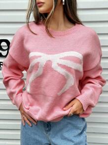 Jouncy Suéter holgado de punto con estampado de bloques de color y moño, para otoño/invierno