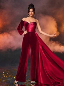 Glamrae 女士优雅迷人的经典天鹅绒拼布缎面露肩长袖连体裤，带有垂褶荷叶，适合派对、舞会、约会、正式场合、婚礼宾客 - 酒紅色 - 查看 5