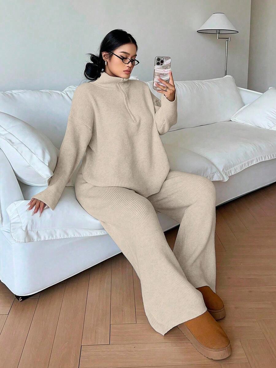 Flirla Casual Versatile Half-Zip Women Suit, Autumn/Winter New Fall Cloth For Women - Camel - View 1