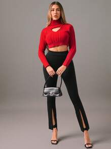 Zolique 女士镂空长袖高领心形镂空套头毛衣，适合新年、性感夜店、节日派对等场合，秋冬季女士针织套头衫。 - 紅色 - 查看 3