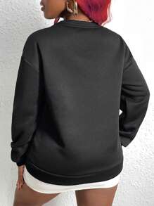 Slaydiva 新年快乐！2025 豹纹英文字母和数字图案休闲简约图案圆领宽松女式运动衫，秋冬