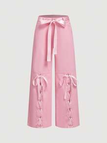 SHEIN MOD 女士纯色牛仔裤搭配领带，简约休闲日常风格 - 粉色 - 查看 1