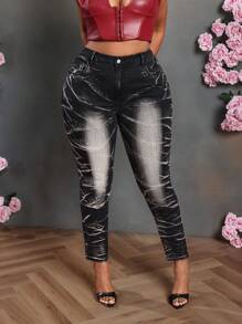 SHEIN EZwear Plus Size Black Skinny Stretch 7/8 Length Jeans - Black - View 1